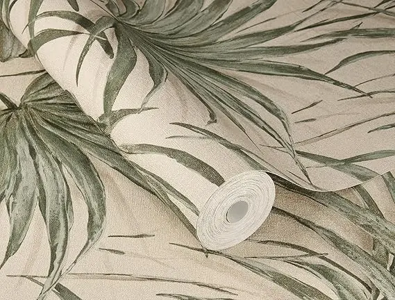 Rasch tapeta 435344, kolekcija Noble Zen, bež i zelena, dezen lišća